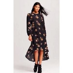 Who What Wear Women's Black Floral Print Long Sleeve Leather Trim Dress Size Med
